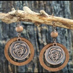 Boho Wood Copper Bronze Rose Drop Earrings